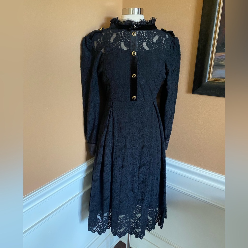 Wednesday Addams Whimsygoth Black Lace Gold Button Midi Dress Size 6